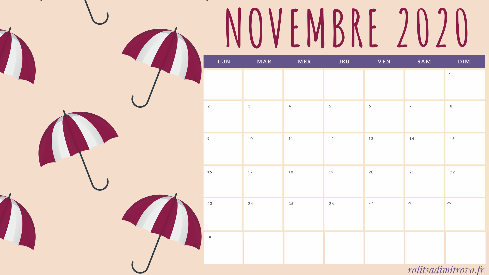 Calendrier Novembre 2020 à Imprimer Gratuit Fond d'écran et calendrier novembre 2020 ☂ - Ralitsa Dimitrova